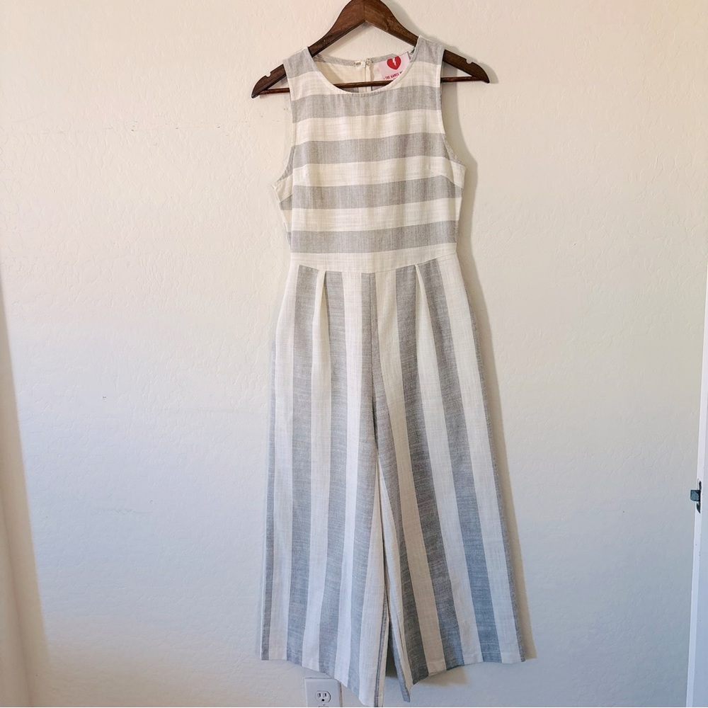The Games We Play 1983 Striped Jumpsuit in Gray and White Zip Back Tank Top